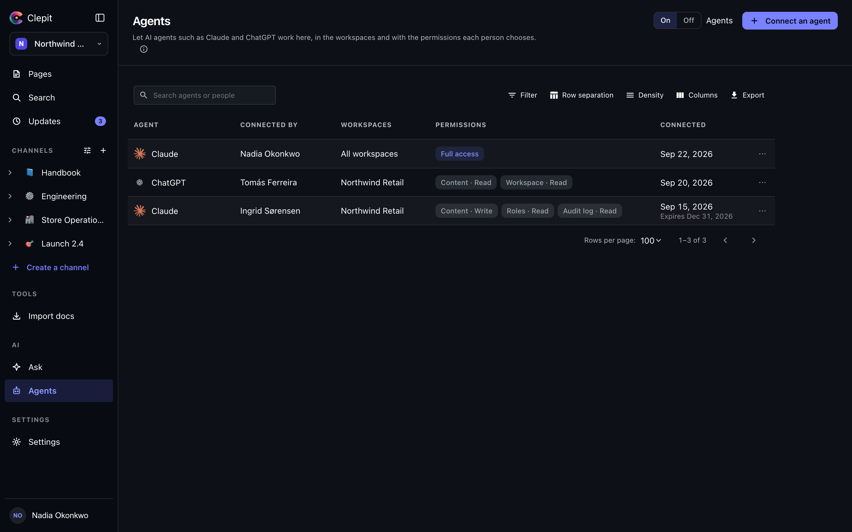 The Agents page, dark theme