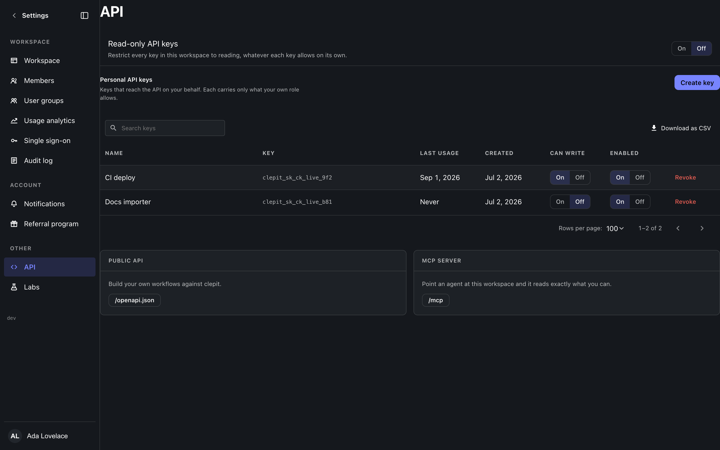 The API keys settings screen, dark theme