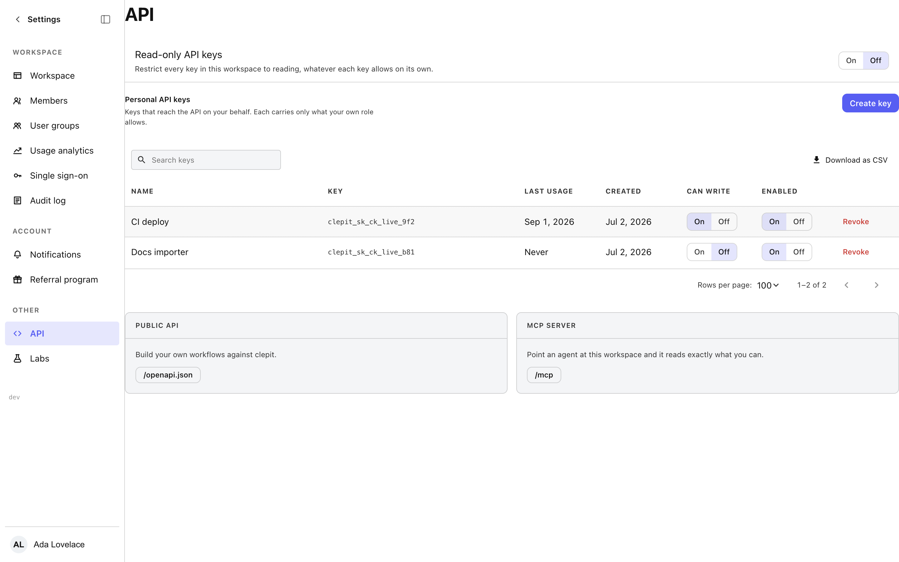 The API keys settings screen