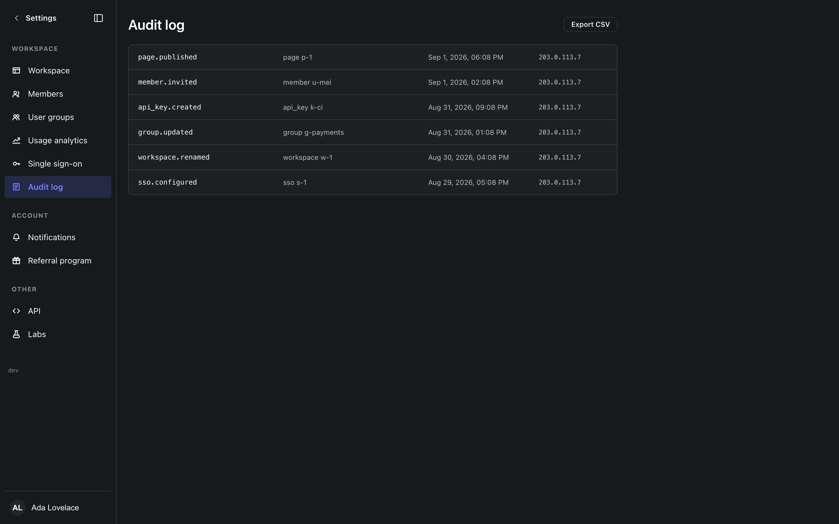 The Audit log settings screen, dark theme