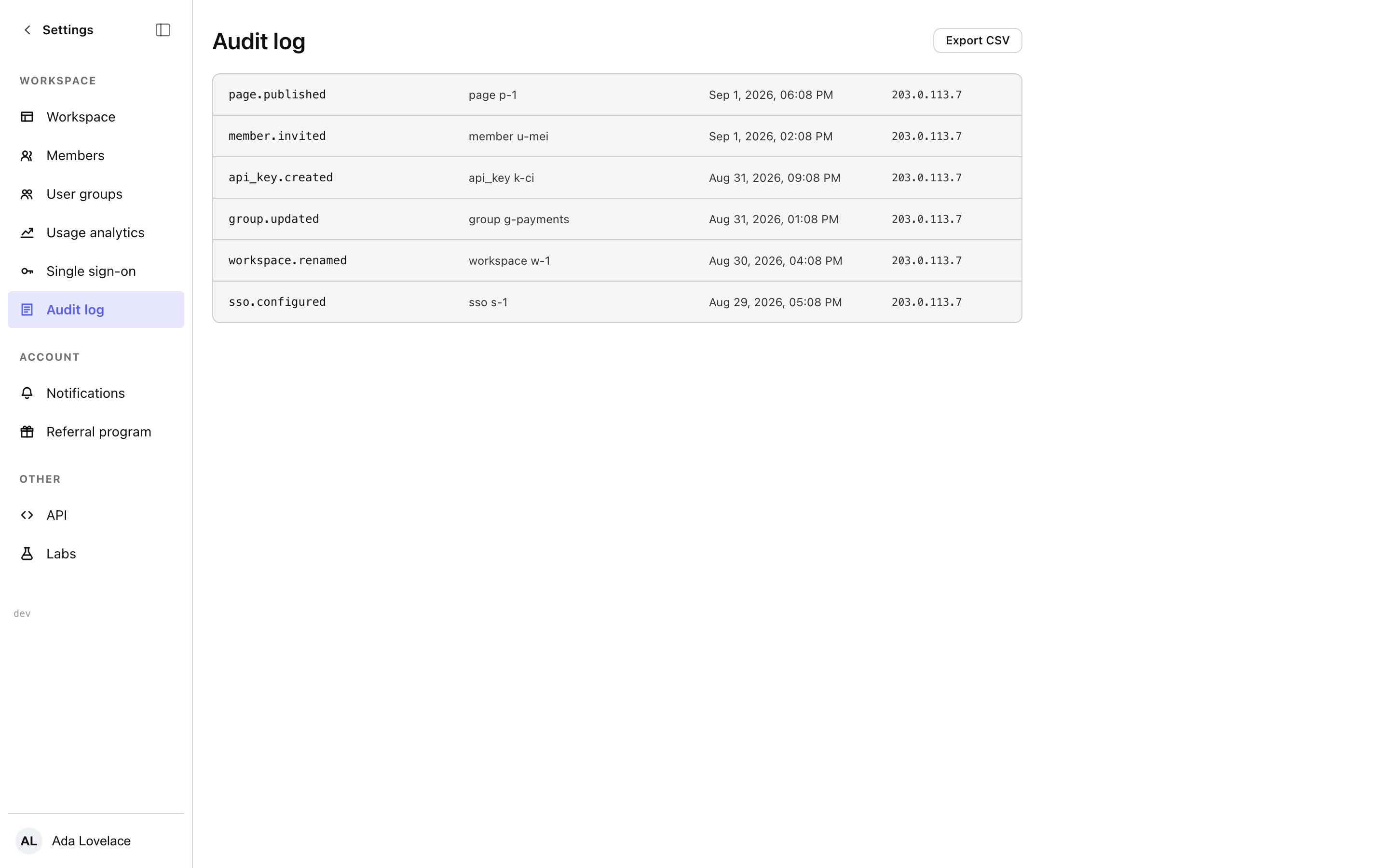The Audit log settings screen