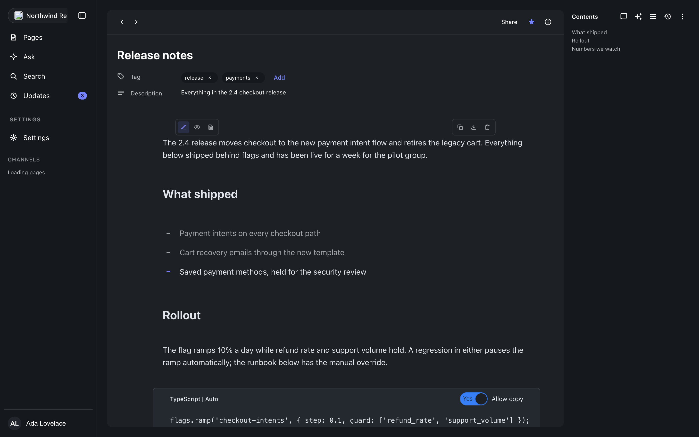 The contents panel open beside a document, dark theme