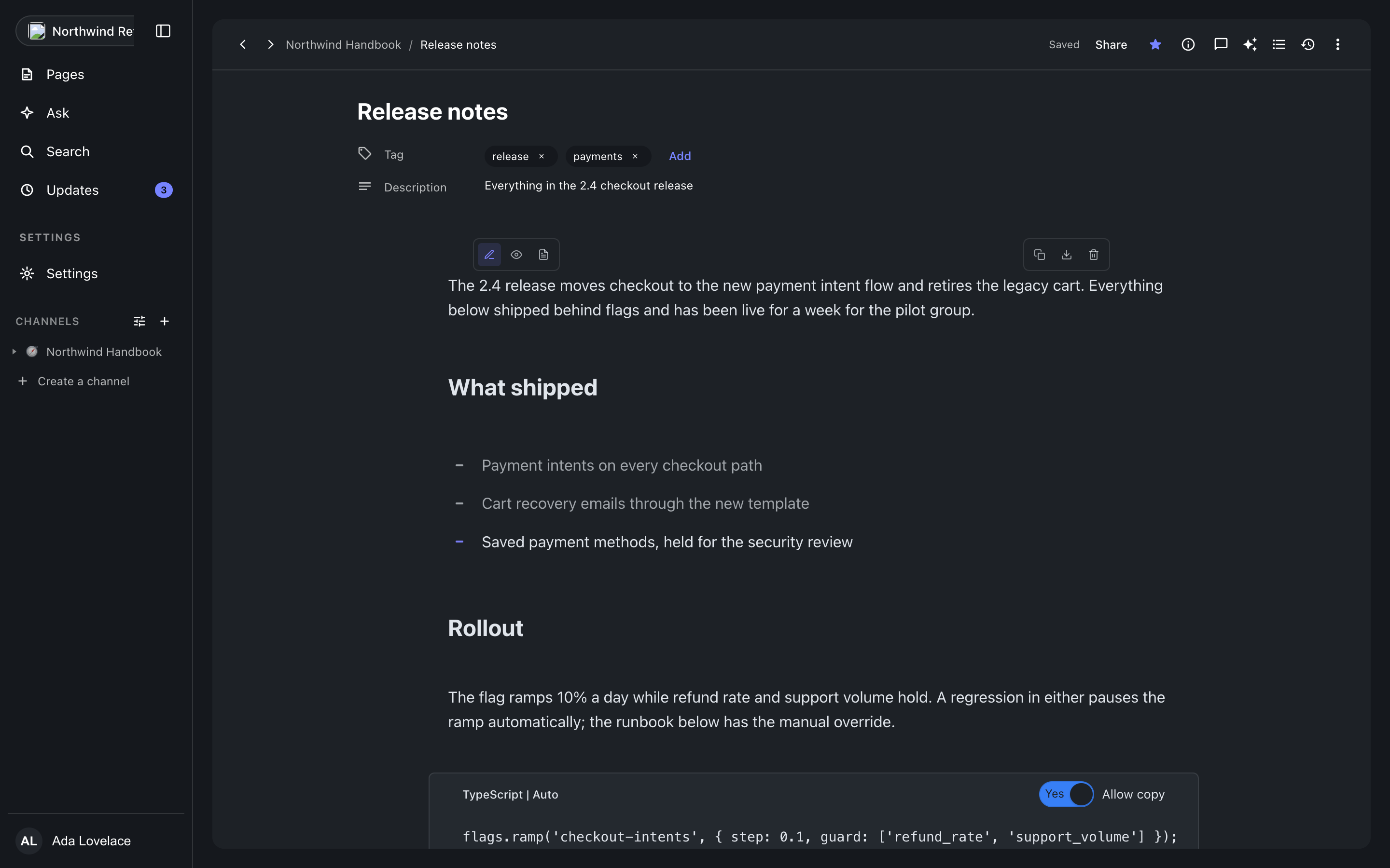 A document open in the console editor, dark theme