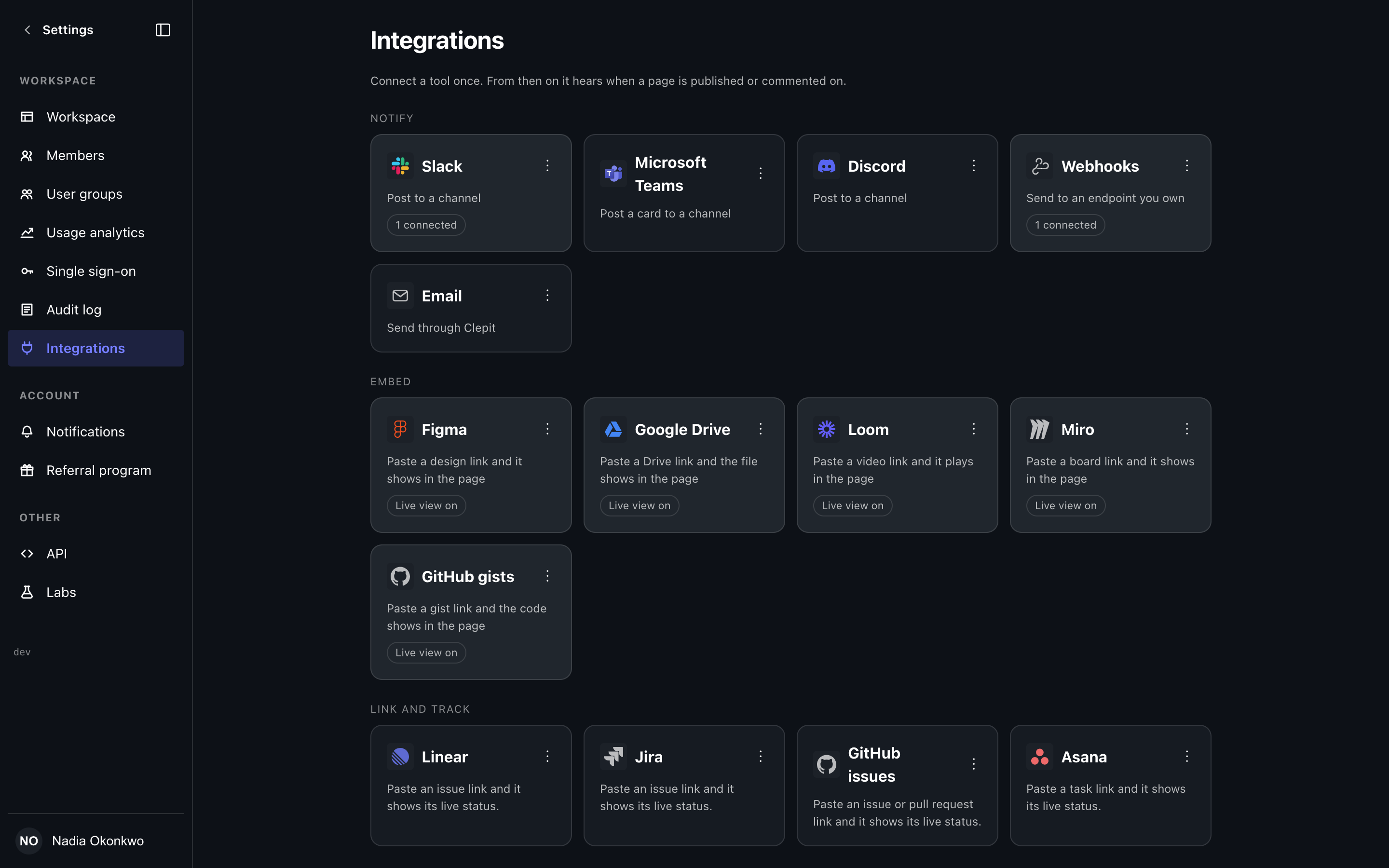 The Integrations settings screen, dark theme