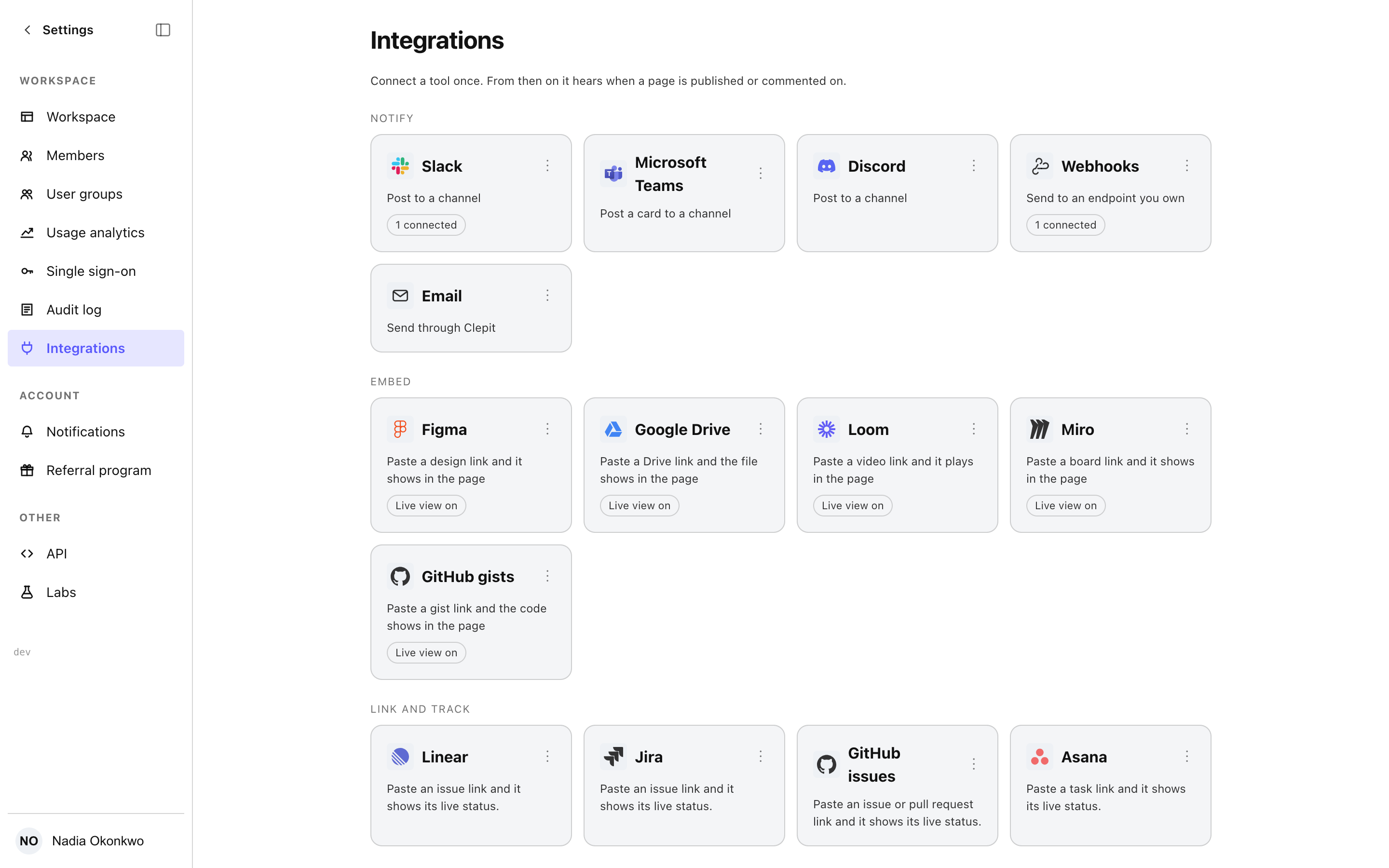 The Integrations settings screen