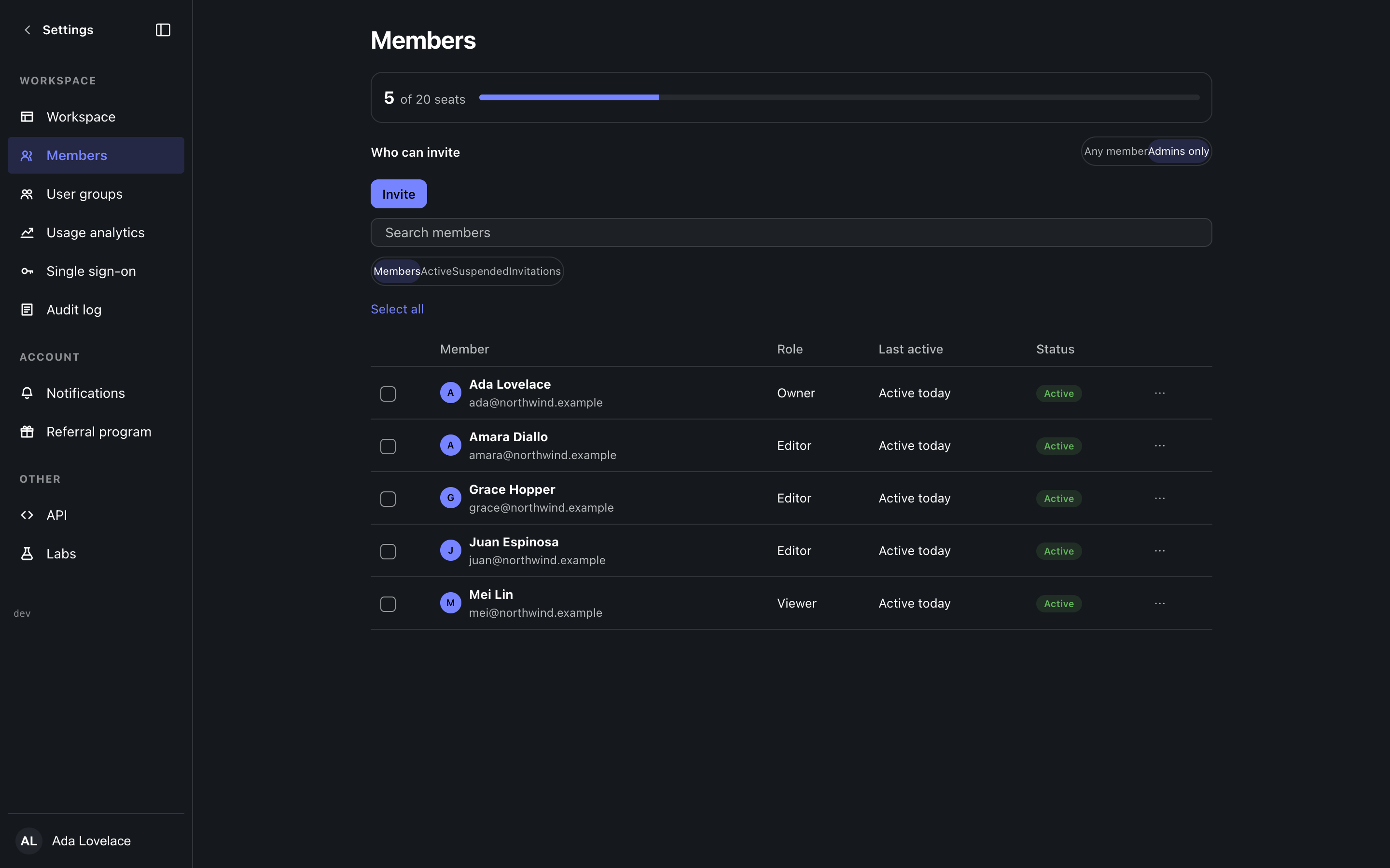 The Members settings screen, dark theme