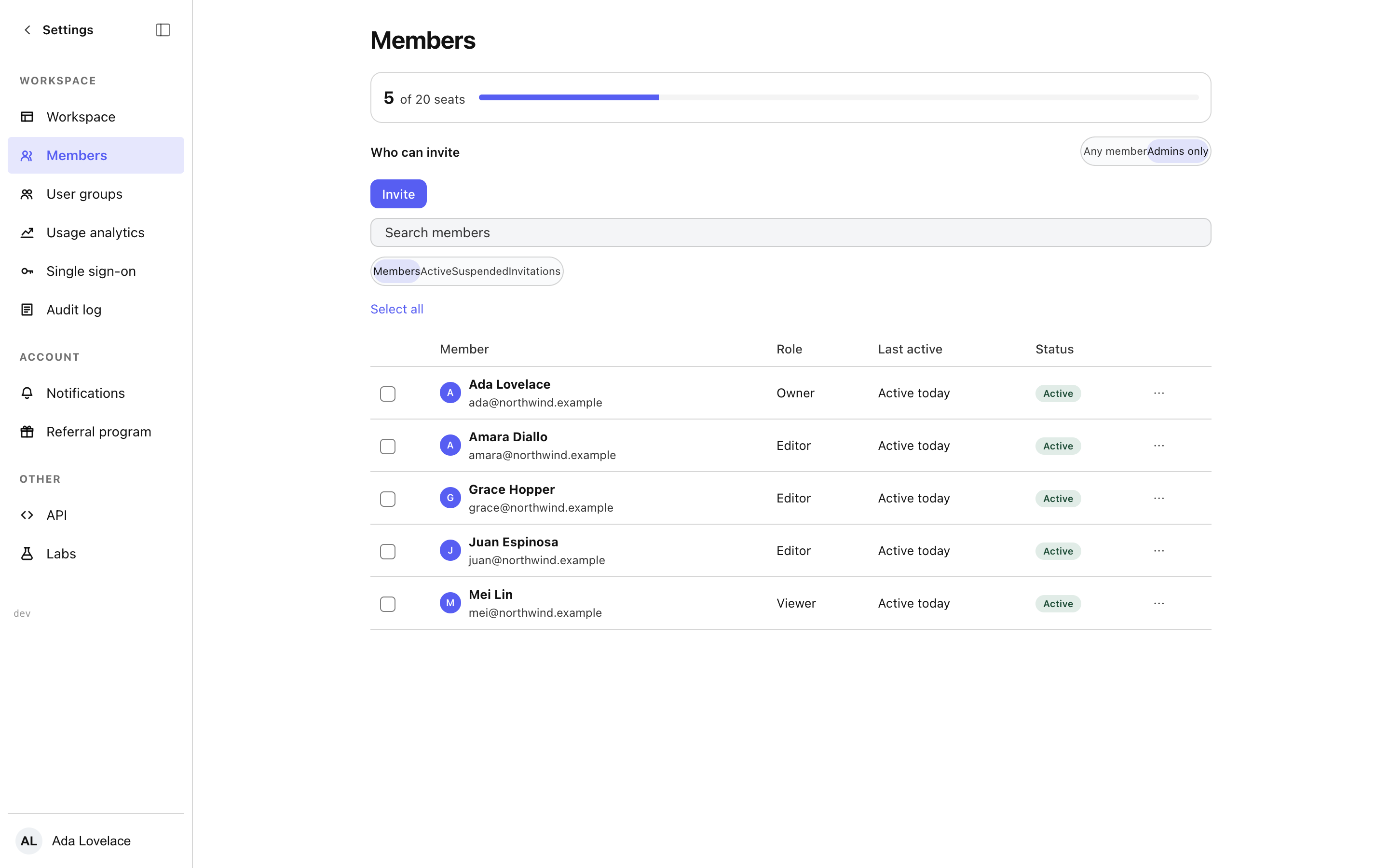 The Members settings screen