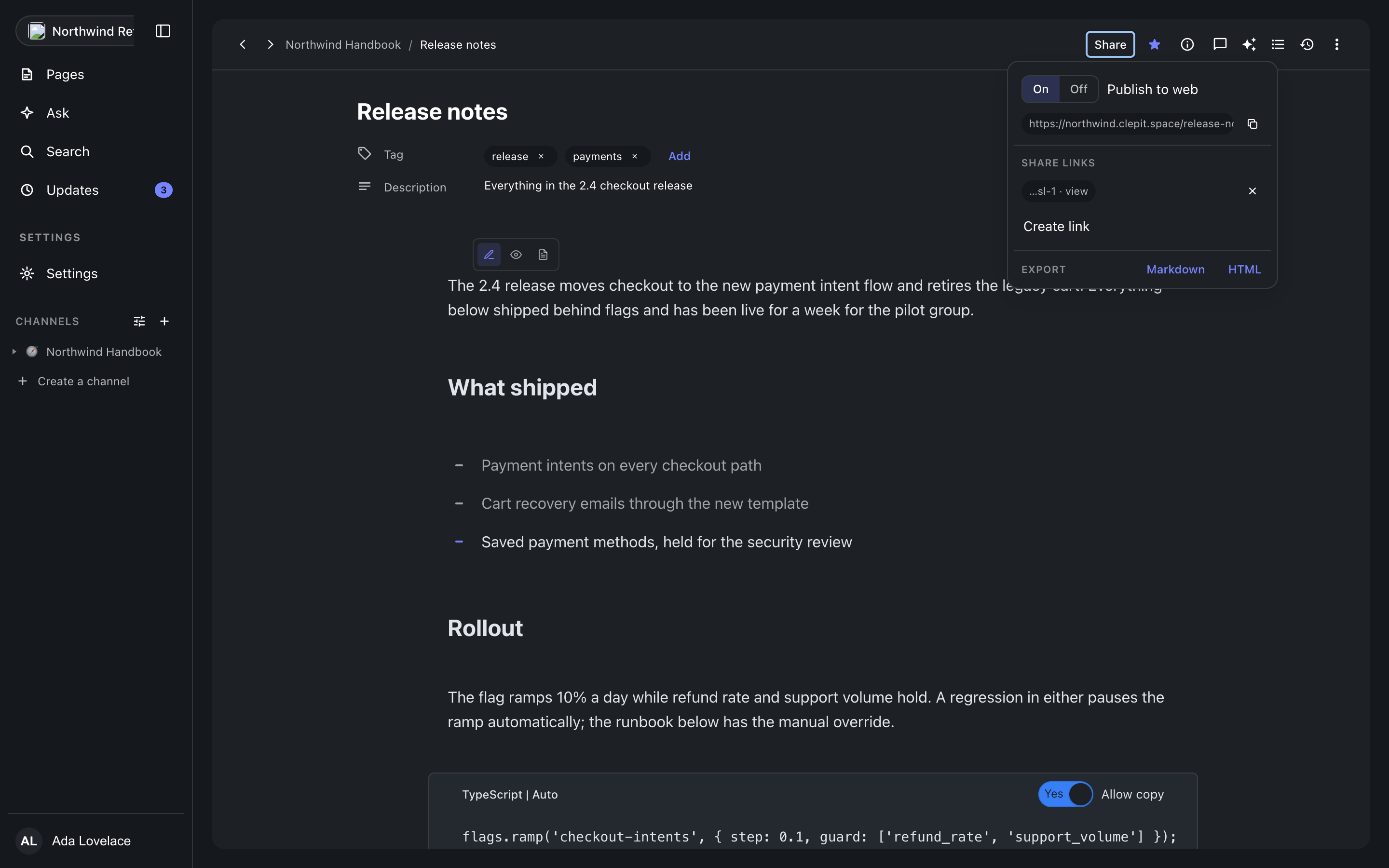 The Share popover on a published document, dark theme