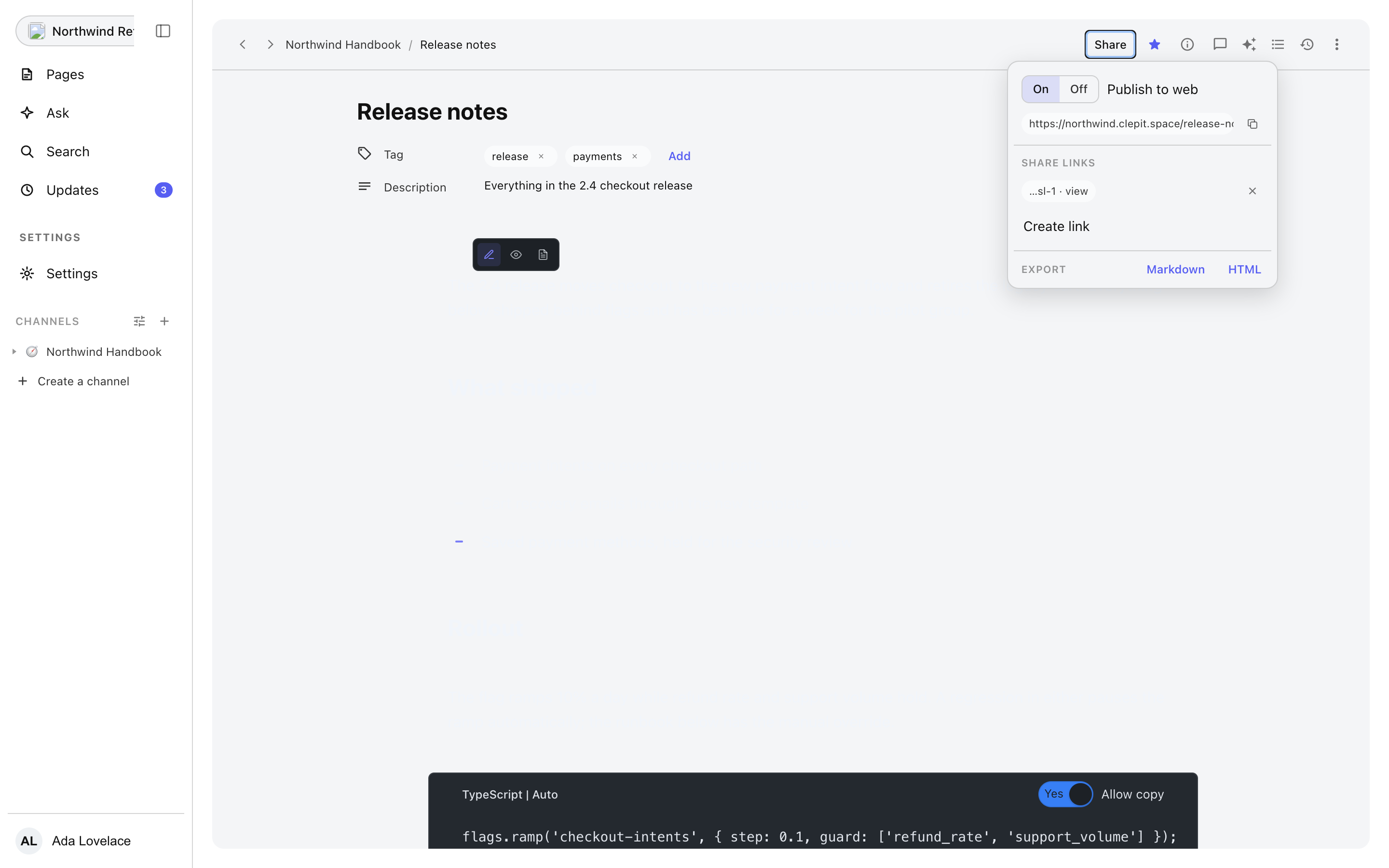 The Share popover on a published document