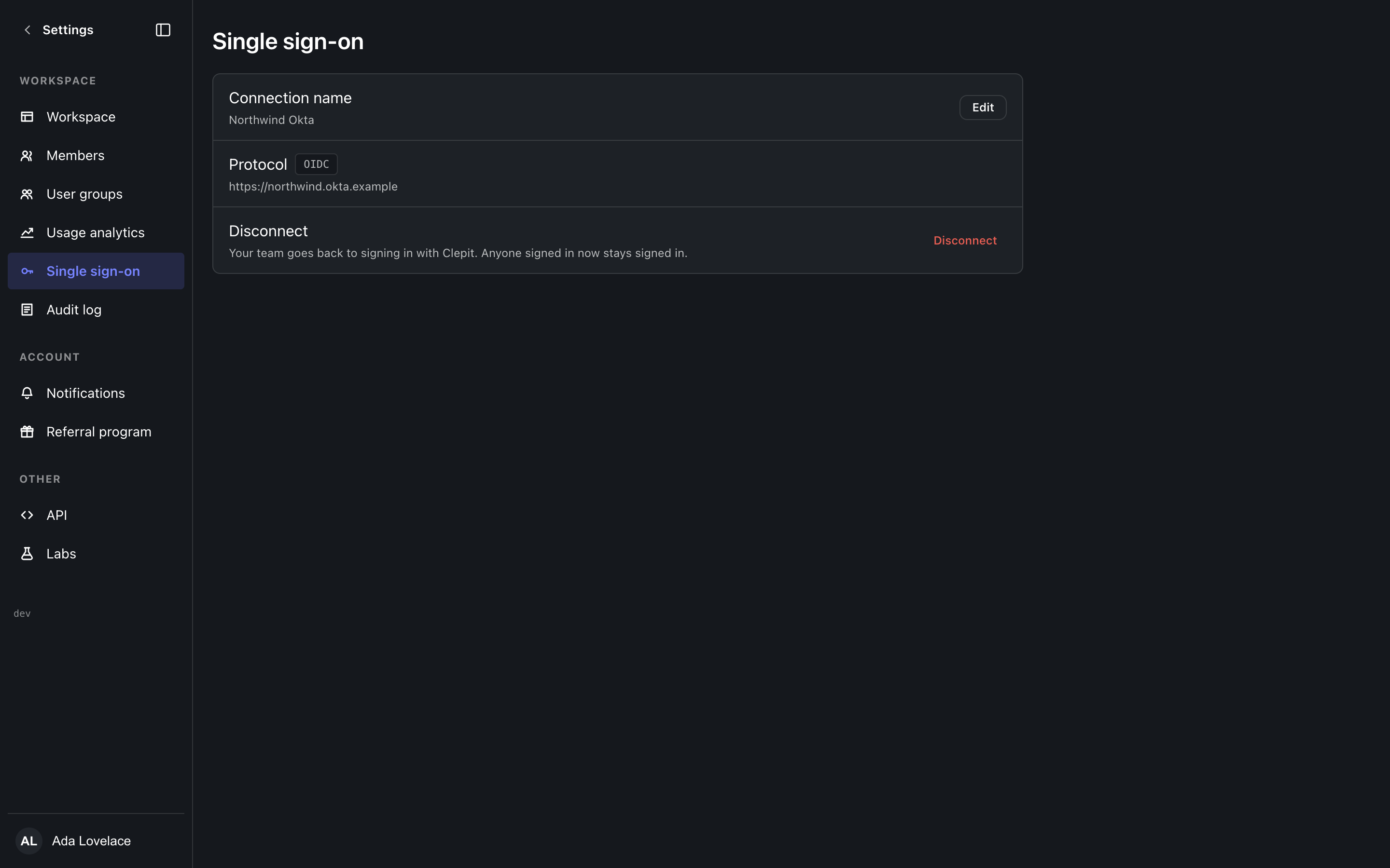 The SSO settings screen, dark theme