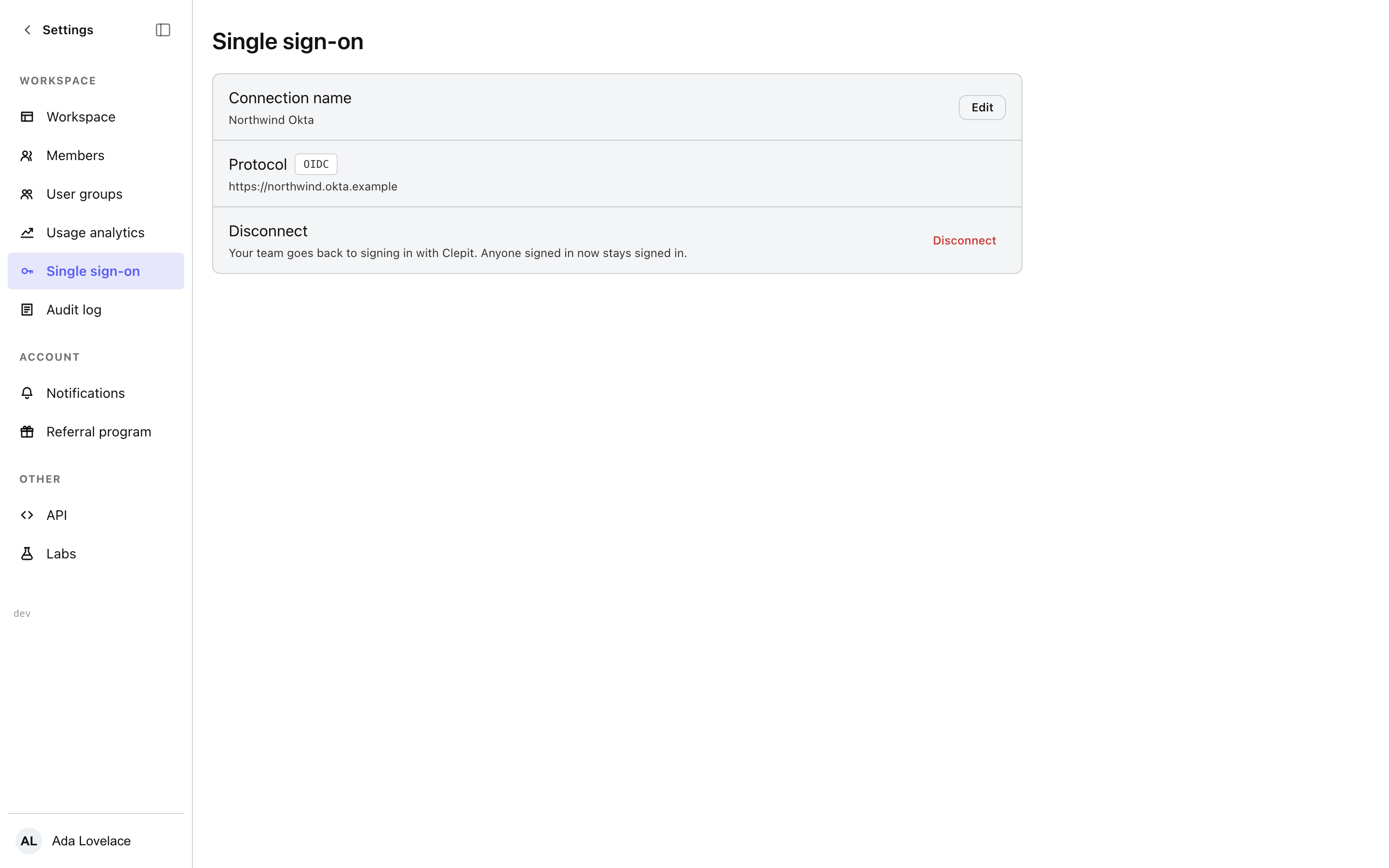 The SSO settings screen