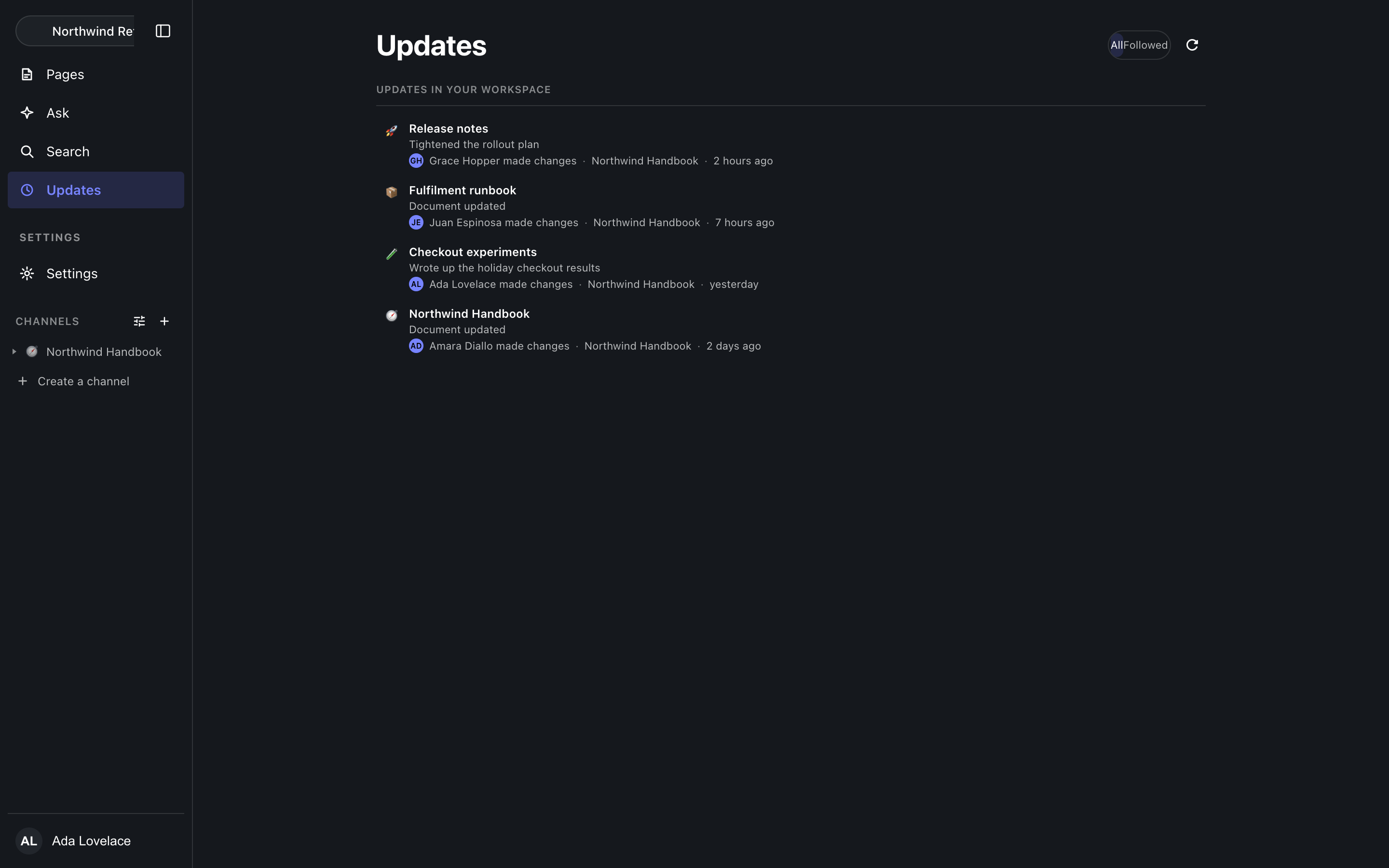 The Updates feed, dark theme