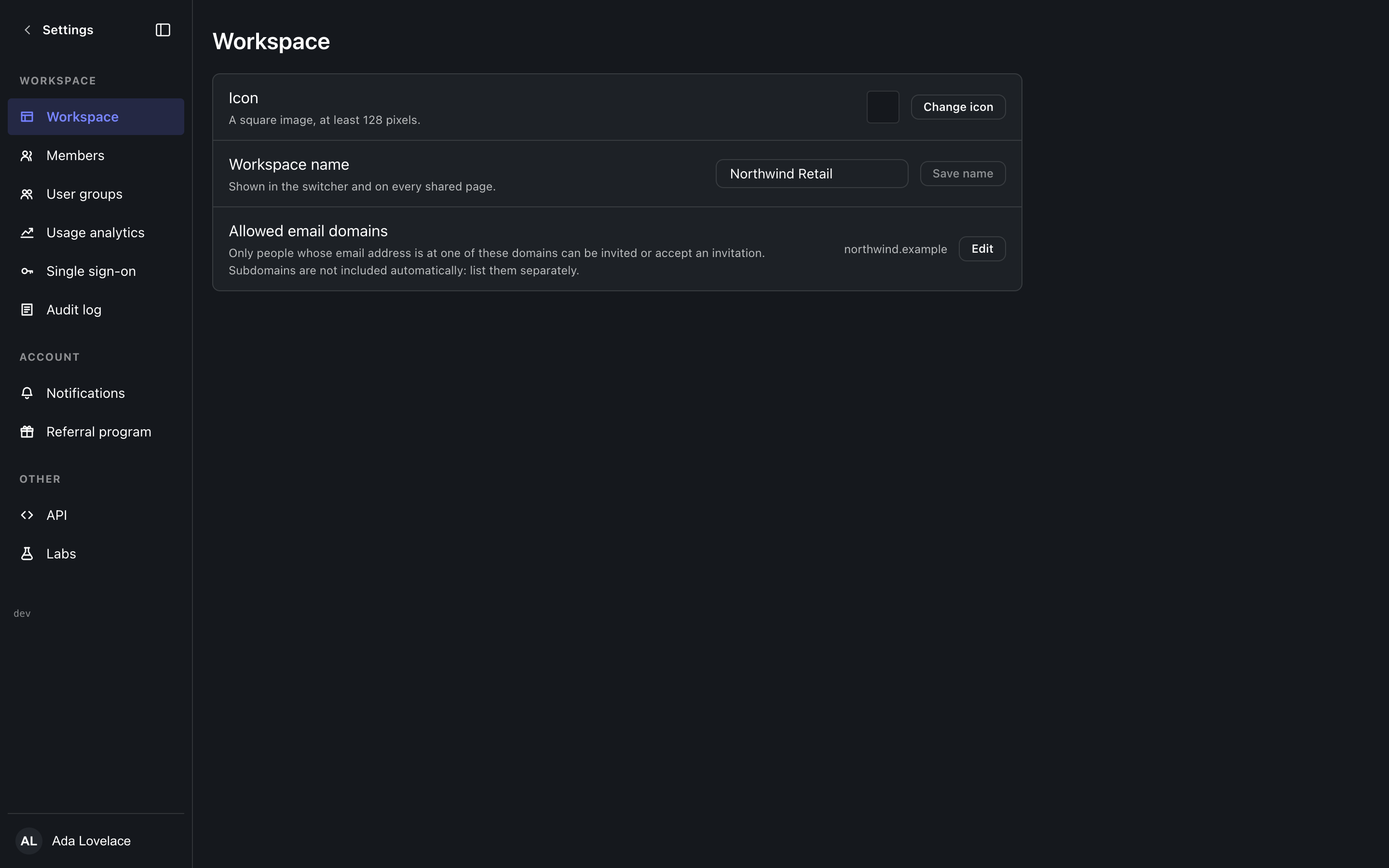 The Workspace settings screen, dark theme
