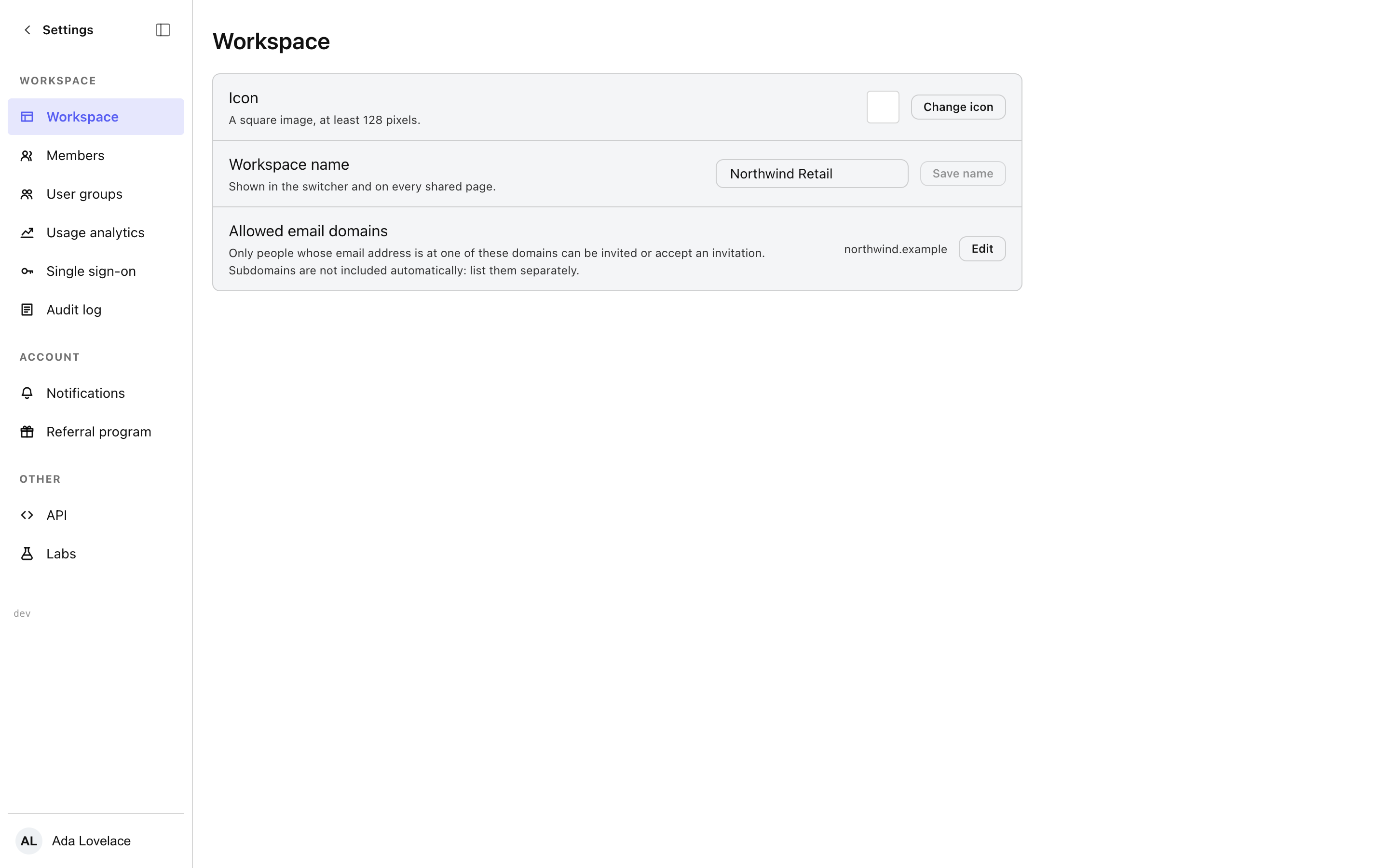 The Workspace settings screen